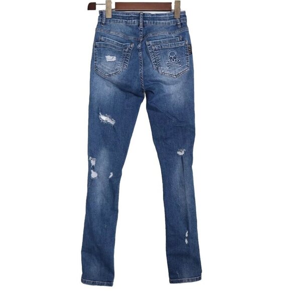 Philipp Plein Women's 25 Blue Mid Rise Distressed Slim Fit Jeans Denim Stretch - Picture 4 of 9
